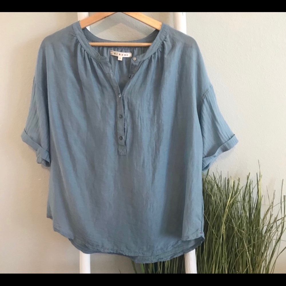 Xirena | Blue Cotton Silk Popover Short Sleeve Top